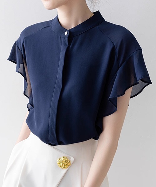 Beststore(ベストストア)の「ふんわり シフォンシャツブラウス フリル袖 バンドカラー 前開き 薄手(シャツ/ブラウス・レディース・ネイビー/ホワイト/グリーン系その他・M/L)」の15枚目の写真