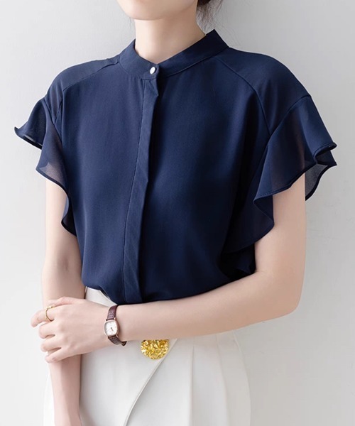Beststore(ベストストア)の「ふんわり シフォンシャツブラウス フリル袖 バンドカラー 前開き 薄手(シャツ/ブラウス・レディース・ネイビー/ホワイト/グリーン系その他・M/L)」の17枚目の写真