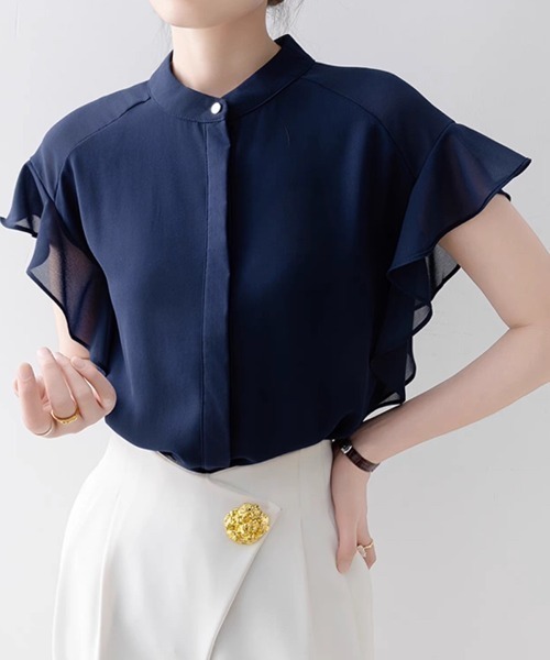 Beststore(ベストストア)の「ふんわり シフォンシャツブラウス フリル袖 バンドカラー 前開き 薄手(シャツ/ブラウス・レディース・ネイビー/ホワイト/グリーン系その他・M/L)」の18枚目の写真