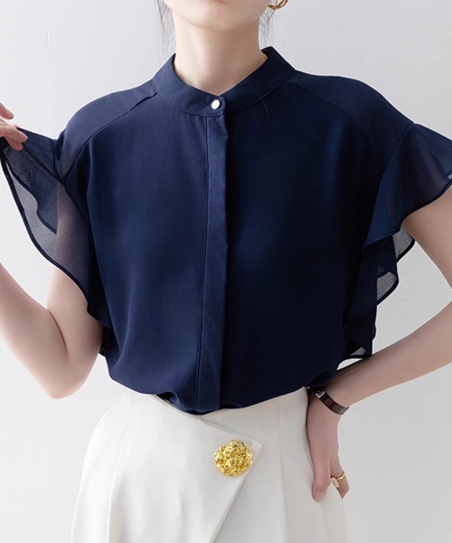 Beststore(ベストストア)の「ふんわり シフォンシャツブラウス フリル袖 バンドカラー 前開き 薄手(シャツ/ブラウス・レディース・ネイビー/ホワイト/グリーン系その他・M/L)」の19枚目の写真