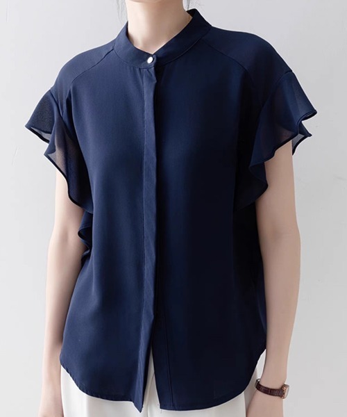 Beststore(ベストストア)の「ふんわり シフォンシャツブラウス フリル袖 バンドカラー 前開き 薄手(シャツ/ブラウス・レディース・ネイビー/ホワイト/グリーン系その他・M/L)」の20枚目の写真