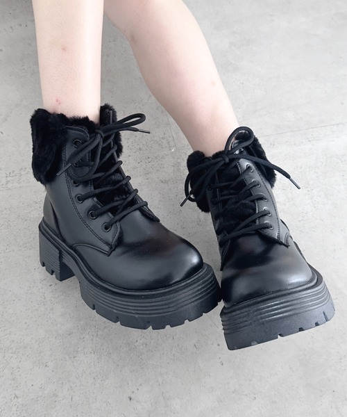セール】ファーレースアップ厚底ミドルブーツ（ブーツ）｜Loueme