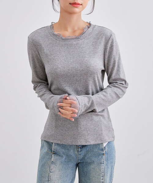 Lace Ladies(レースレディース)の「フェイクレイヤード シアー フリル 長袖 プルオーバー(Tシャツ/カットソー・レディース・ブラック/グレー/アイボリー・FREE)」の3枚目の写真
