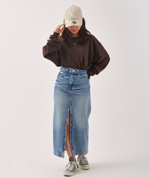 Calvin Klein/カルバンクライン DENIM MAXI SKIRT SHORELINE CKパッチ