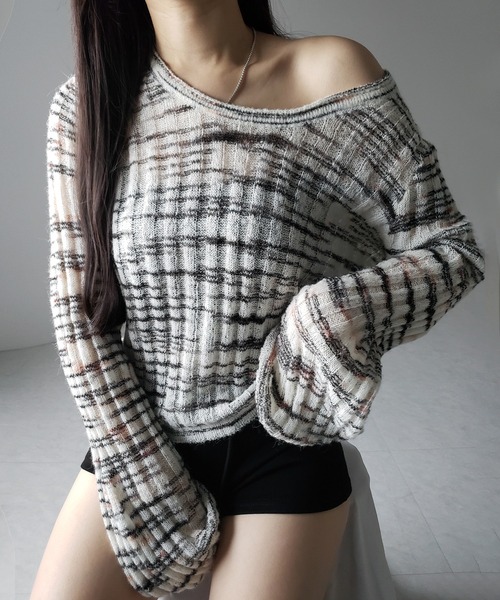 me+em select(ミームセレクト)の「【 2color 】メランジルーズシアーリブニット / melange loose sheer rib knit(ニット/セーター・レディース・ブラック/ホワイト・FREE)」の4枚目の写真