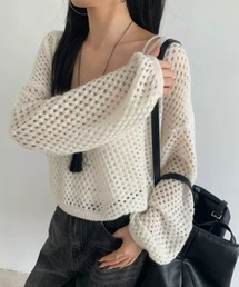 キャミレイヤードVネック透かし編みニット