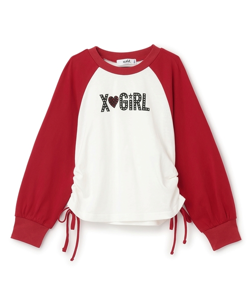 X-girl Stages(エックスガールステージス)の「スタッズ& ラインストーンロゴラグラン長袖Tシャツ(Tシャツ/カットソー・キッズ・ブラック/レッド・100cm/140cm/110cm/90cm/130cm/120cm)」の2枚目の写真
