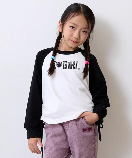 X-girl Stages(エックスガールステージス)の「スタッズ& ラインストーンロゴラグラン長袖Tシャツ(Tシャツ/カットソー・キッズ・ブラック/レッド・100cm/140cm/110cm/90cm/130cm/120cm)」の1枚目の写真