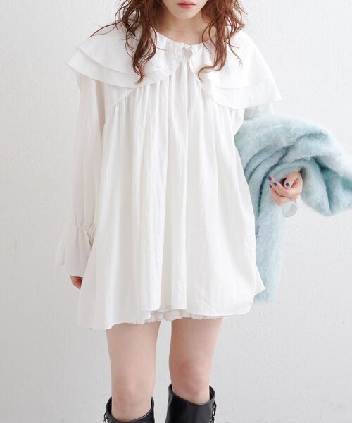 w closet(ダブルクローゼット)の「Wフリルチュニックブラウス(シャツ/ブラウス・レディース・ホワイト/オフホワイト/ブラック・FREE)」の7枚目の写真