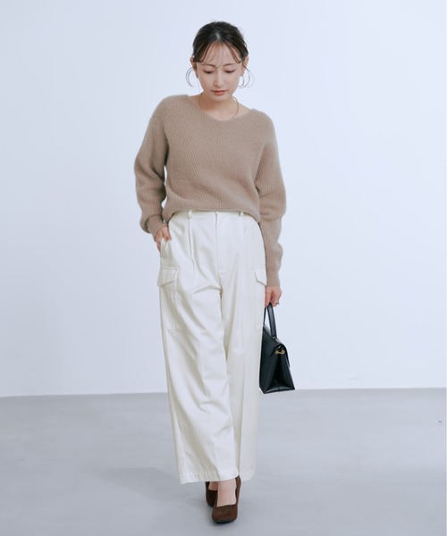 フォックスアンゴラVネックパターン柄ニット 【低身長・小柄女性