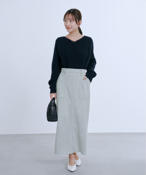 フォックスアンゴラVネックパターン柄ニット 【低身長・小柄女性