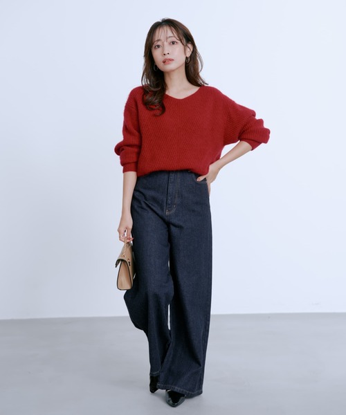 フォックスアンゴラVネックパターン柄ニット 【低身長・小柄女性