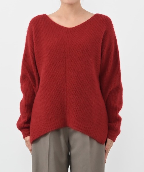 フォックスアンゴラVネックパターン柄ニット 【低身長・小柄女性