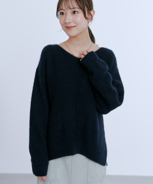 フォックスアンゴラVネックパターン柄ニット 【低身長・小柄女性