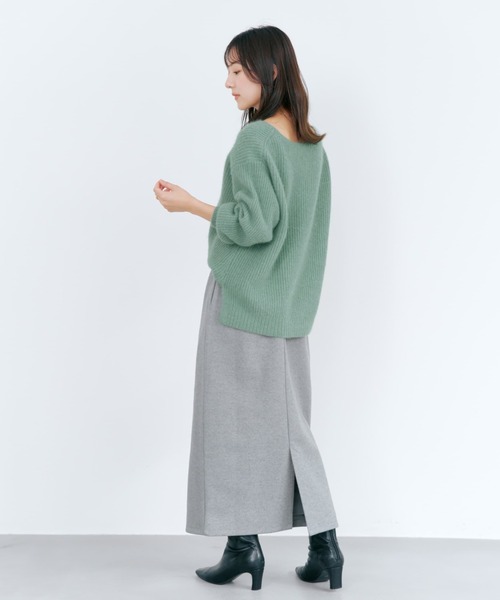 フォックスアンゴラVネックパターン柄ニット 【低身長・小柄女性