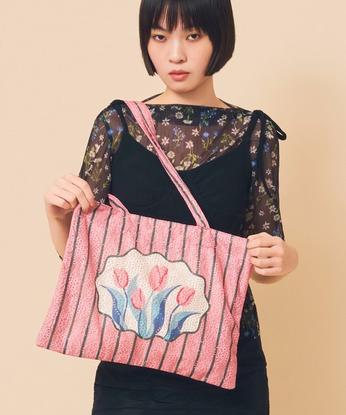Casselini（キャセリーニ）の「Casselini(キャセリーニ)レースチューリップトート（トートバッグ・レディース・ピンク/アイボリー/グレー・FREE）」の18枚目の写真