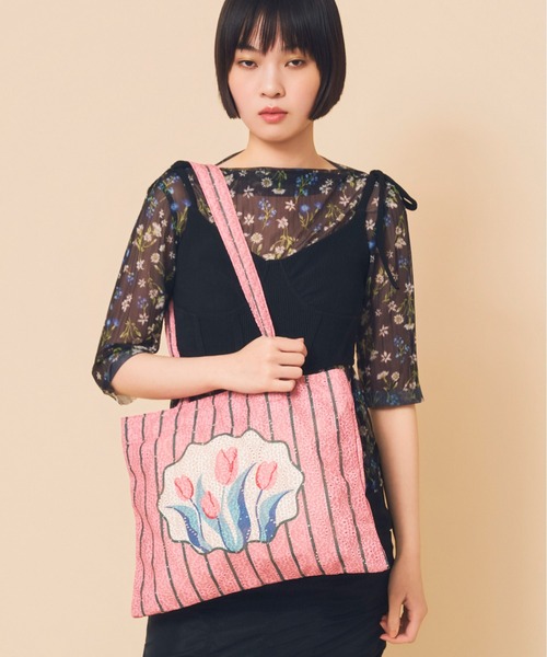 Casselini（キャセリーニ）の「Casselini(キャセリーニ)レースチューリップトート（トートバッグ・レディース・ピンク/アイボリー/グレー・FREE）」の17枚目の写真