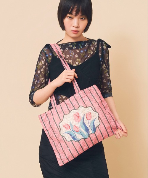 Casselini（キャセリーニ）の「Casselini(キャセリーニ)レースチューリップトート（トートバッグ・レディース・ピンク/アイボリー/グレー・FREE）」の16枚目の写真