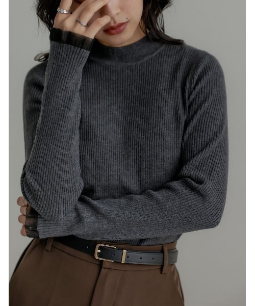 Re:EDIT（リエディ）の「[2025 WINTER COLLECTION]シアー配色フリルリブニットトップス（ニット/セーター・レディース・アイボリー/チャコール/ブラウン/ブラック・LARGE/MEDIUM）」の3枚目の写真