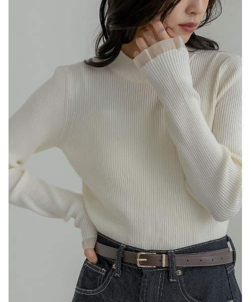 Re:EDIT（リエディ）の「[2025 WINTER COLLECTION]シアー配色フリルリブニットトップス（ニット/セーター・レディース・アイボリー/チャコール/ブラウン/ブラック・LARGE/MEDIUM）」の2枚目の写真