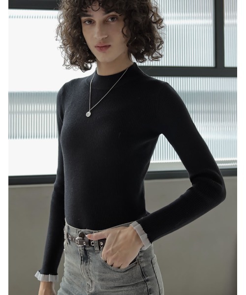Re:EDIT（リエディ）の「[2025 WINTER COLLECTION]シアー配色フリルリブニットトップス（ニット/セーター・レディース・アイボリー/チャコール/ブラウン/ブラック・LARGE/MEDIUM）」の7枚目の写真