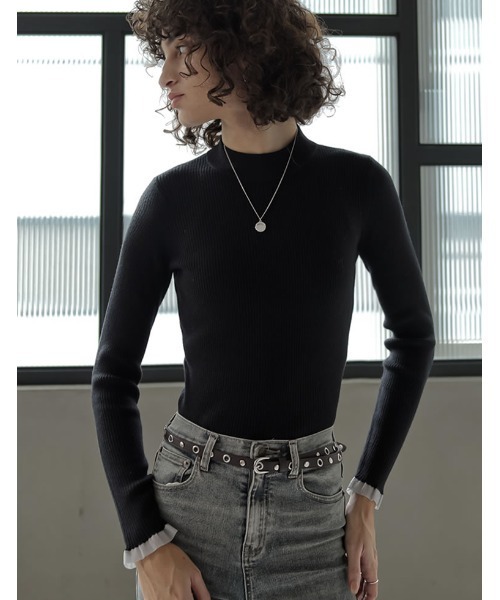Re:EDIT（リエディ）の「[2025 WINTER COLLECTION]シアー配色フリルリブニットトップス（ニット/セーター・レディース・アイボリー/チャコール/ブラウン/ブラック・LARGE/MEDIUM）」の8枚目の写真