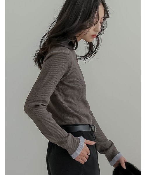 Re:EDIT（リエディ）の「[2025 WINTER COLLECTION]シアー配色フリルリブニットトップス（ニット/セーター・レディース・アイボリー/チャコール/ブラウン/ブラック・LARGE/MEDIUM）」の10枚目の写真