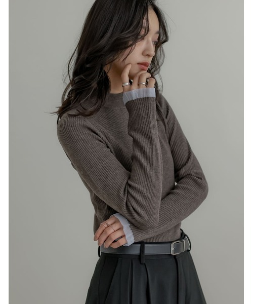 Re:EDIT（リエディ）の「[2025 WINTER COLLECTION]シアー配色フリルリブニットトップス（ニット/セーター・レディース・アイボリー/チャコール/ブラウン/ブラック・LARGE/MEDIUM）」の13枚目の写真