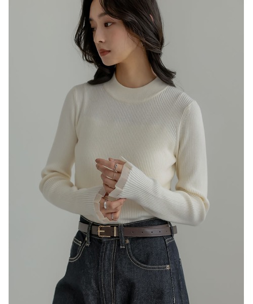 Re:EDIT（リエディ）の「[2025 WINTER COLLECTION]シアー配色フリルリブニットトップス（ニット/セーター・レディース・アイボリー/チャコール/ブラウン/ブラック・LARGE/MEDIUM）」の15枚目の写真