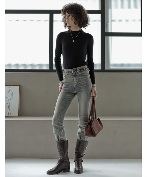 Re:EDIT（リエディ）の「[2025 WINTER COLLECTION]シアー配色フリルリブニットトップス（ニット/セーター・レディース・アイボリー/チャコール/ブラウン/ブラック・LARGE/MEDIUM）」の5枚目の写真