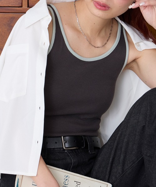 BONLECILL(ボンルシール)の「【接触冷感/抗菌防臭】カップ付き配色タンクトップ(タンクトップ・レディース・ネイビー/ブラウン/アイボリー/ブラック/チャコールグレー・S/M/L)」の18枚目の写真