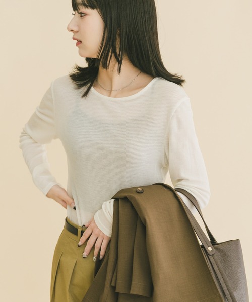 ITEMS URBANRESEARCH（アイテムズ アーバンリサーチ）の「シアーリブロングTシャツ（Tシャツ/カットソー・レディース・ミント/ブラウン/ホワイト・FREE）」の2枚目の写真