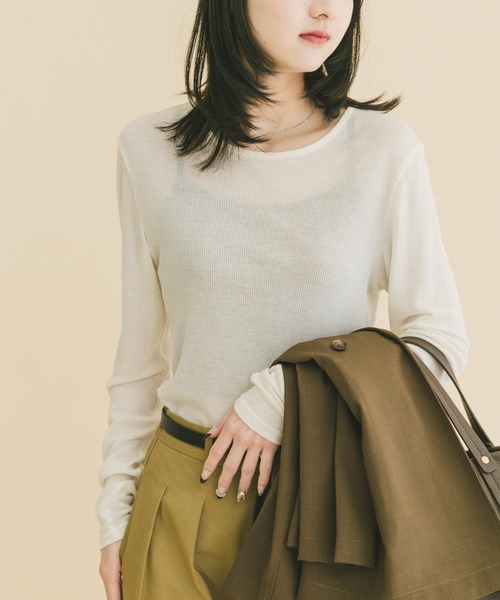 ITEMS URBANRESEARCH（アイテムズ アーバンリサーチ）の「シアーリブロングTシャツ（Tシャツ/カットソー・レディース・ミント/ブラウン/ホワイト・FREE）」の9枚目の写真