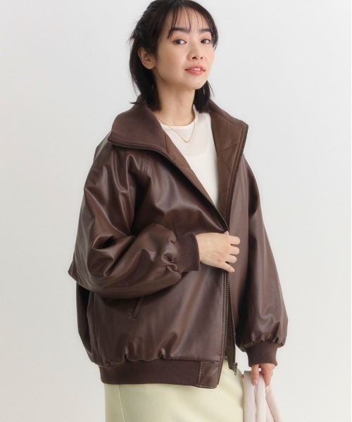 Right-on（ライトオン）の「【HONEYSUCKLE ROSE】フェイクレザーブルゾン (リブネック / ブラック×ブラウン / 大人カジュアル)（ブルゾン・レディース・ブラウン/ブラック・S/M/L）」の2枚目の写真