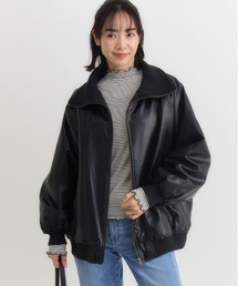 Right-on | 【HONEYSUCKLE ROSE】フェイクレザーブルゾン (リブネック / ブラック×ブラウン / 大人カジュアル)(ブルゾン)