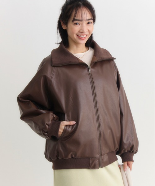 Right-on（ライトオン）の「【HONEYSUCKLE ROSE】フェイクレザーブルゾン (リブネック / ブラック×ブラウン / 大人カジュアル)（ブルゾン・レディース・ブラウン/ブラック・S/M/L）」の5枚目の写真