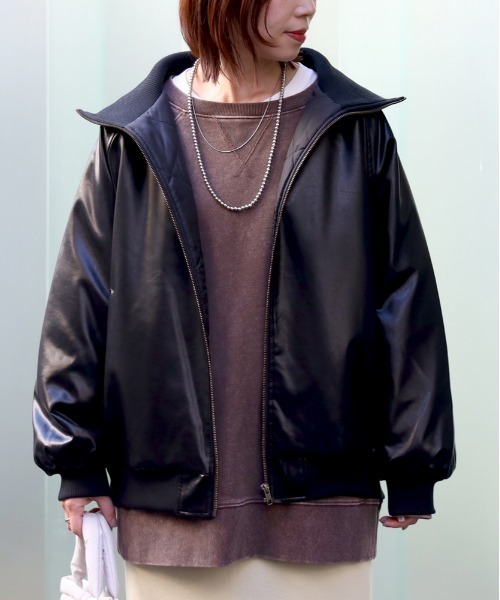 Right-on（ライトオン）の「【HONEYSUCKLE ROSE】フェイクレザーブルゾン (リブネック / ブラック×ブラウン / 大人カジュアル)（ブルゾン・レディース・ブラウン/ブラック・S/M/L）」の14枚目の写真