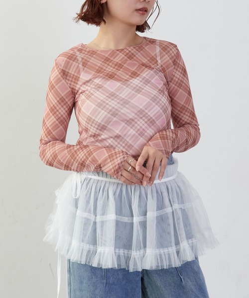 mul.(ムル)の「チェックシアーカットソー(Tシャツ/カットソー・レディース・ピンク/ブルー・FREE)」の1枚目の写真