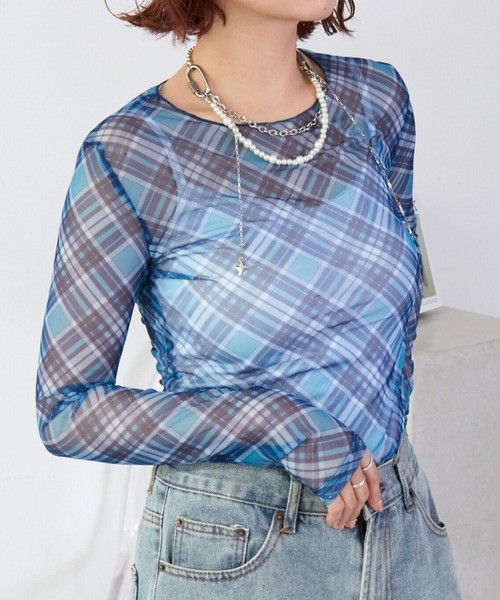 mul.(ムル)の「チェックシアーカットソー(Tシャツ/カットソー・レディース・ピンク/ブルー・FREE)」の2枚目の写真