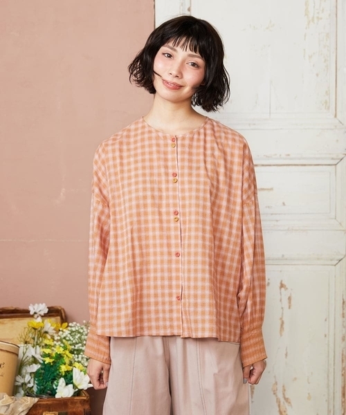 Jocomomola（ホコモモラ）の「Puntada ギンガムチェックブラウス（シャツ/ブラウス・レディース・オレンジ/グリーン・40）」の2枚目の写真