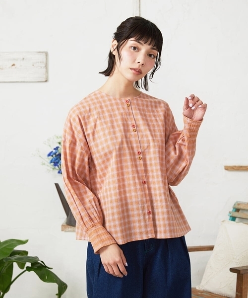 Jocomomola（ホコモモラ）の「Puntada ギンガムチェックブラウス（シャツ/ブラウス・レディース・オレンジ/グリーン・40）」の3枚目の写真