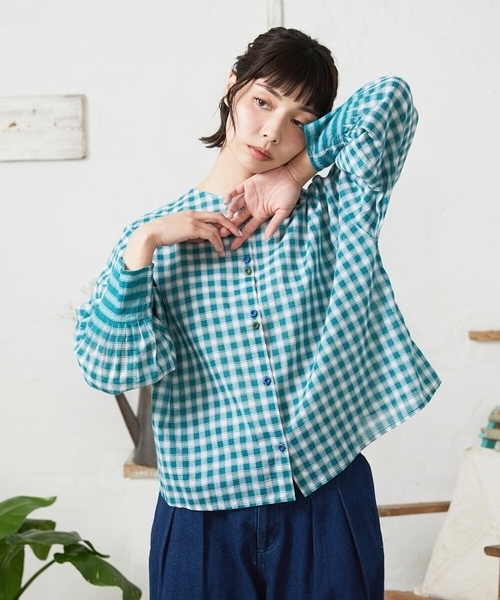 Jocomomola（ホコモモラ）の「Puntada ギンガムチェックブラウス（シャツ/ブラウス・レディース・オレンジ/グリーン・40）」の18枚目の写真