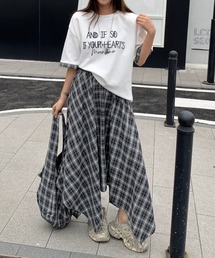 バッグ付きクルーネックトップスチェック柄スカートセットアップ