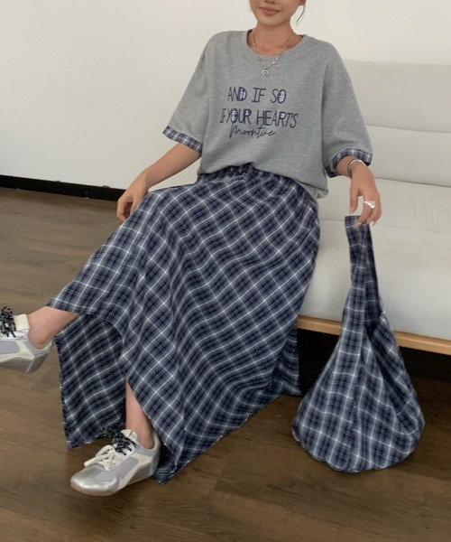 セール】バッグ付きクルーネックトップスチェック柄スカート