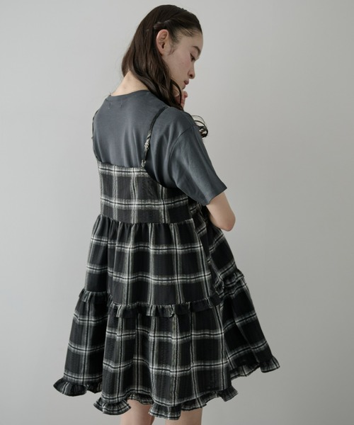 P.V.T(ピーブイティー)の「リボン付きチェックキャミティアードチュニック(ワンピース・レディース・Black/モカ・M)」の5枚目の写真