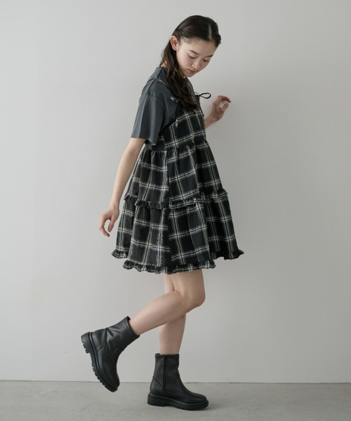 P.V.T(ピーブイティー)の「リボン付きチェックキャミティアードチュニック(ワンピース・レディース・Black/モカ・M)」の7枚目の写真