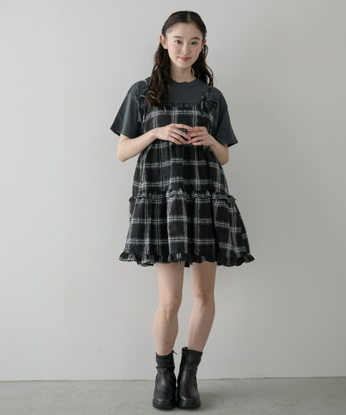 P.V.T(ピーブイティー)の「リボン付きチェックキャミティアードチュニック(ワンピース・レディース・Black/モカ・M)」の8枚目の写真