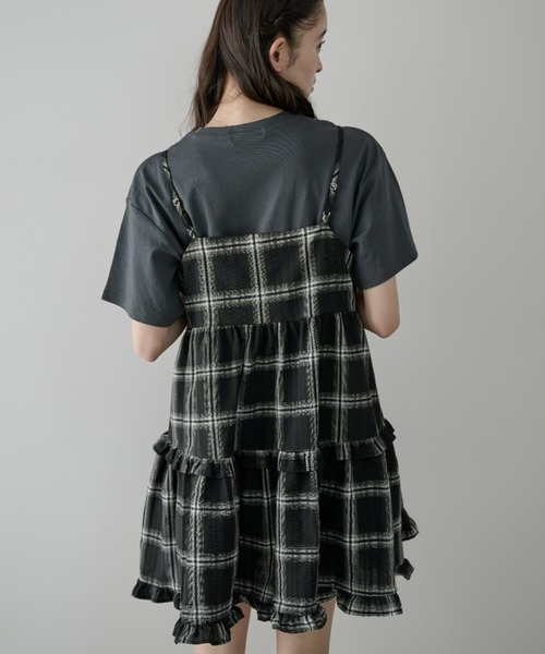 P.V.T(ピーブイティー)の「リボン付きチェックキャミティアードチュニック(ワンピース・レディース・Black/モカ・M)」の9枚目の写真