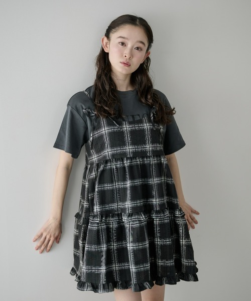 P.V.T(ピーブイティー)の「リボン付きチェックキャミティアードチュニック(ワンピース・レディース・Black/モカ・M)」の4枚目の写真