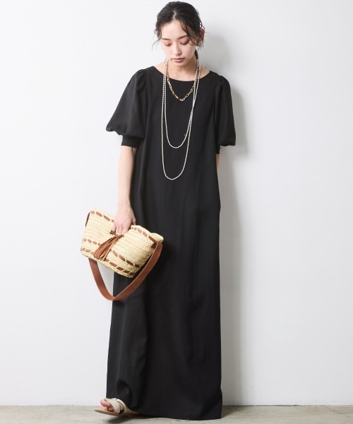 CHIC STYLE(シックスタイル)の「レーヨン麻パフスリーブロングワンピース<大きいサイズ有>シックスタイル(ワンピース・レディース・ブラック/レッド・3L/LL/L/M/5L/4L)」の2枚目の写真